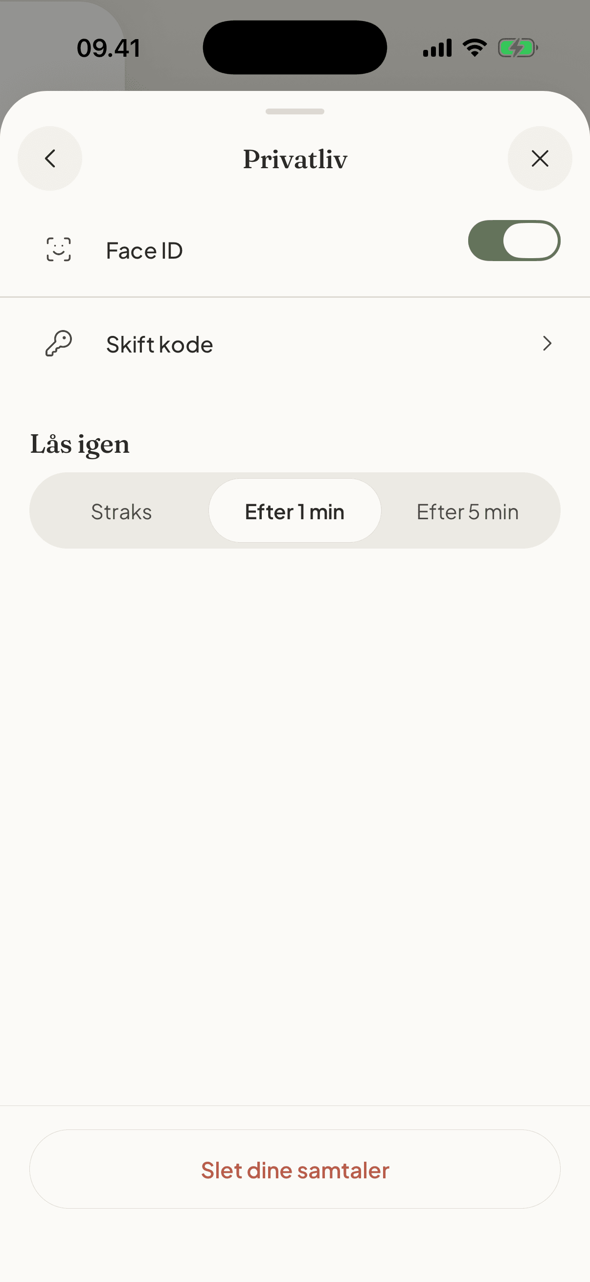 Reller app - Privatliv med Face ID, lås og sletning af samtaler